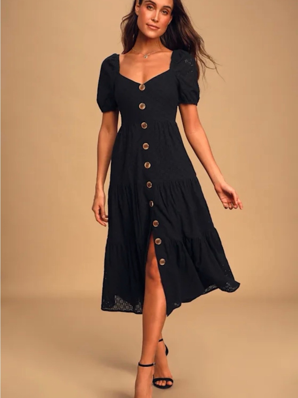 You’re My Home Black Eyelet Lace Button-Front Tiered Puff Sleeve Midi Dress